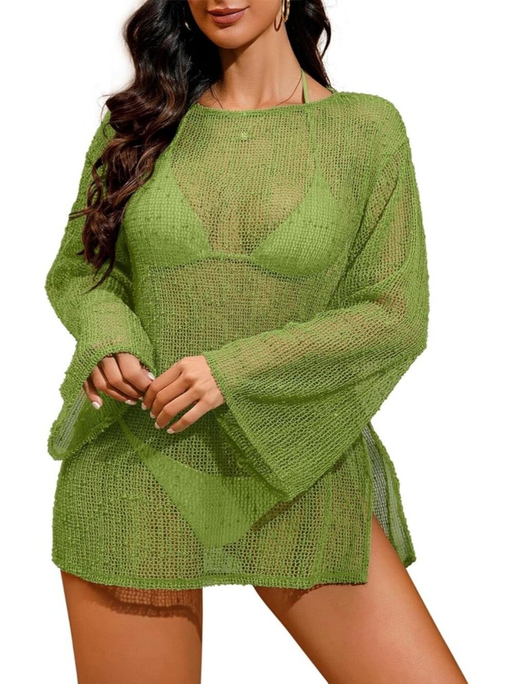 Women Green Polyester Crochet Mesh Cover Up Beach Swimsuit Bathing Suit Sparkle